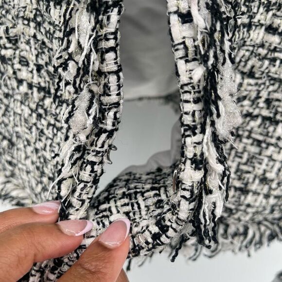 Cynthia Rowley Tweed Blazer Black White Gold Metallic Fringe Trim Jacket Medium - Picture 15 of 17